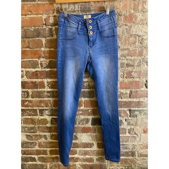l.e.i. • Blue High Waisted Triple Button Skinny Jeans • Size 5 - Picture 1 of 12